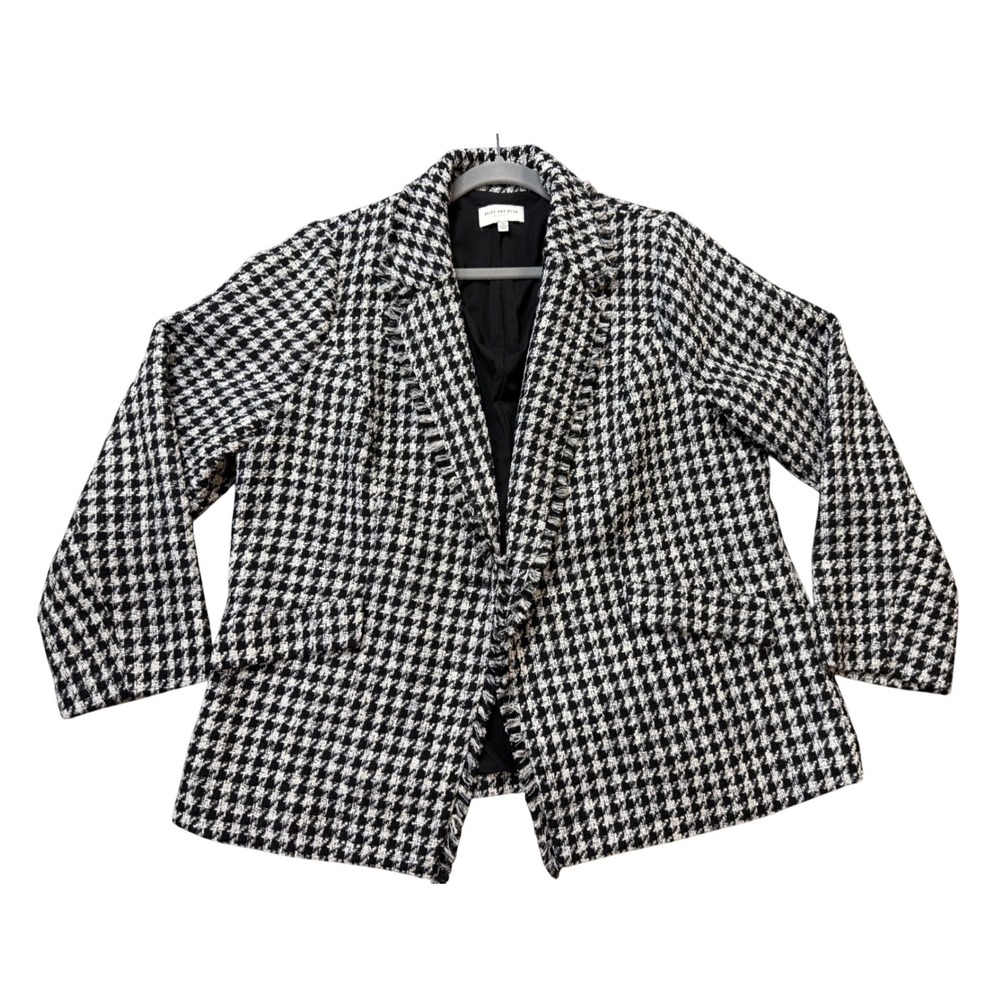 Skies Are Blue Blazer Womens 1X Black White Excellent Houndstooth Fringe Trim